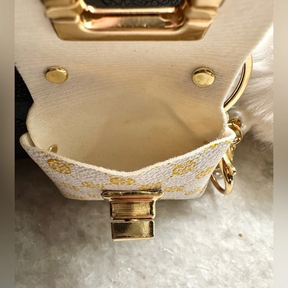 New White Faux Leather Mini Bag Purse Charm Keychain w/ Strawberry & Pom Pom